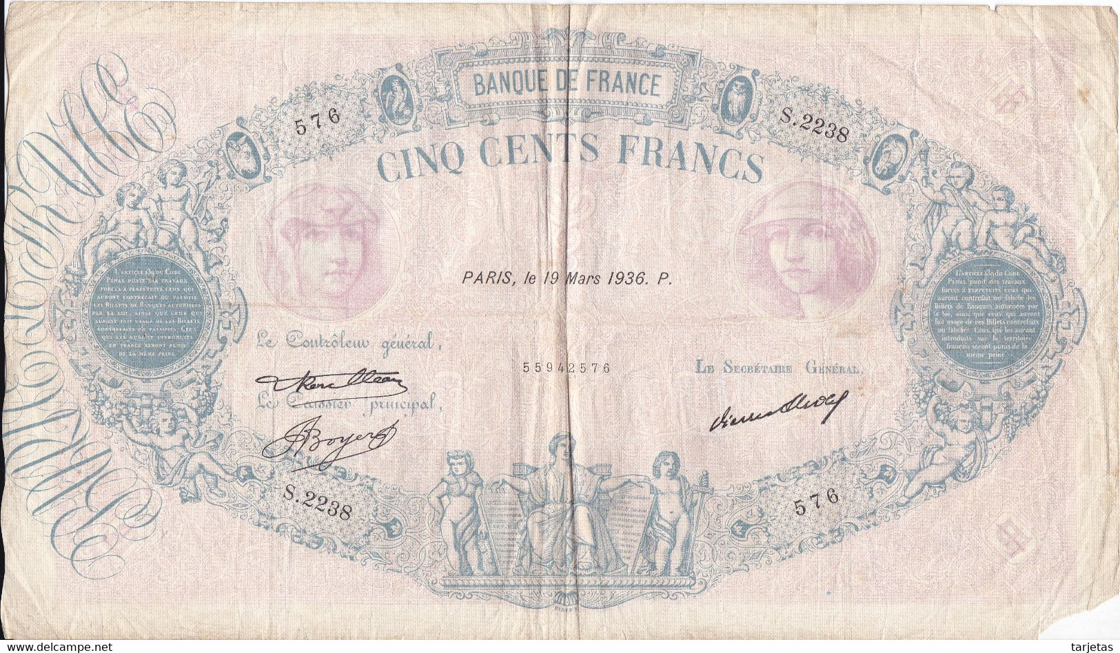 BILLETE DE FRANCIA DE 500 FRANCS DEL 19-3-1936  (BANKNOTE) BLEU ET ROSE - 500 F 1888-1940 ''Bleu Et Rose''