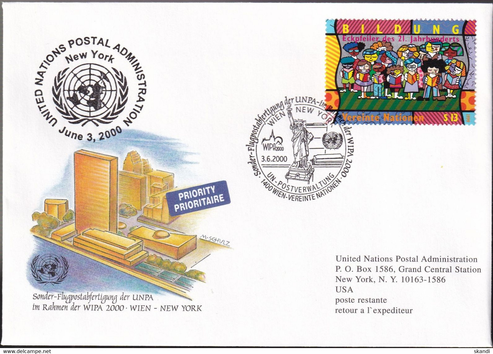 UNO WIEN 2000 Sonder-Flugpostabfertigung Wien New York Brief - Storia Postale