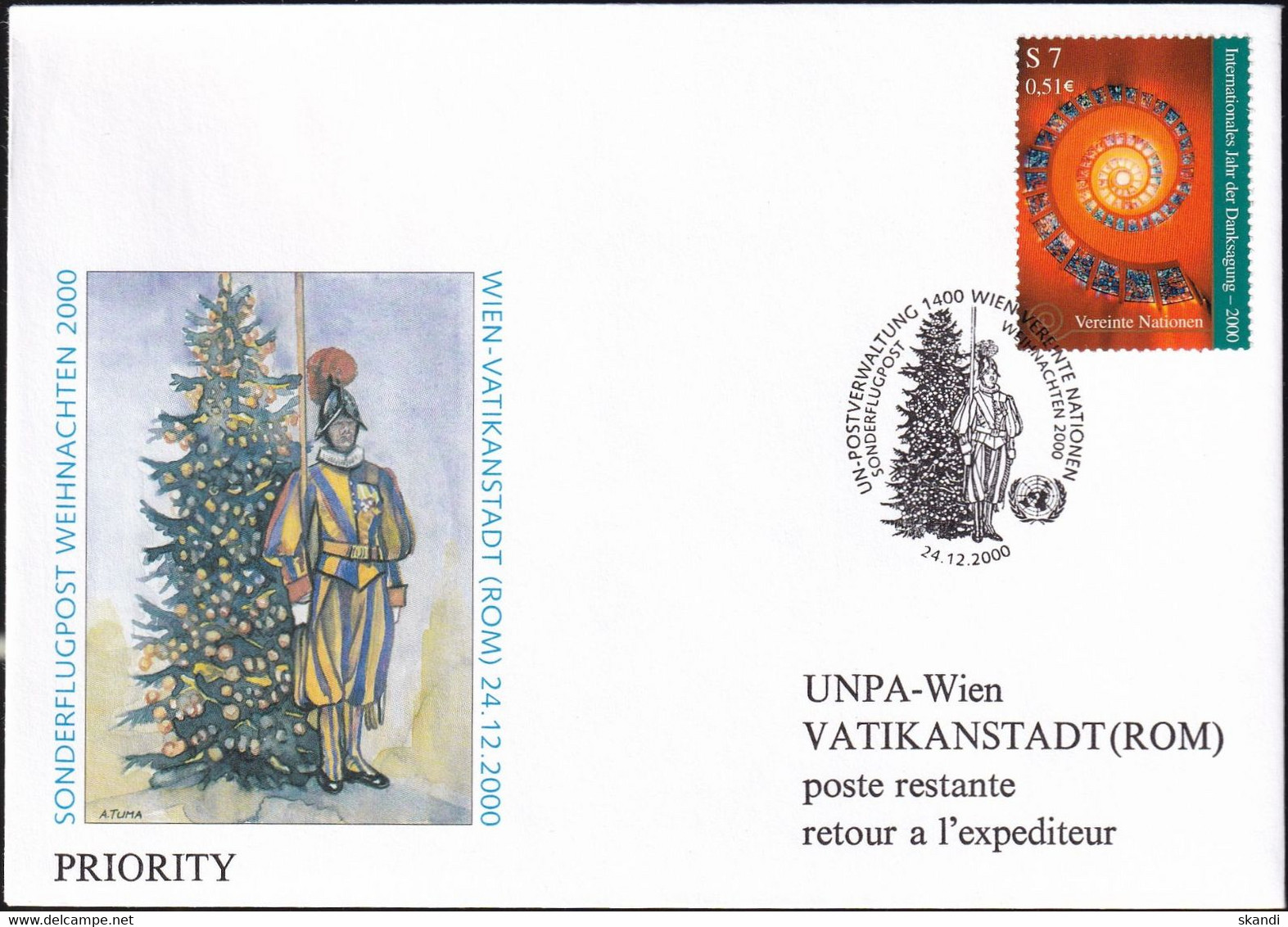 UNO WIEN 2000 Sonderflugpost Weihnachten 2000 Wien - Vatikanstadt Brief - Cartas & Documentos