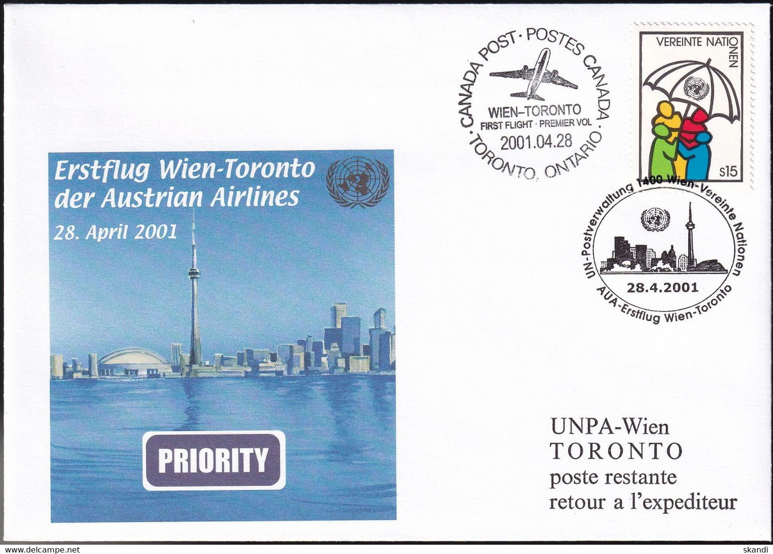 UNO WIEN 2001 Erstflug Wien - Toronto Brief - Storia Postale