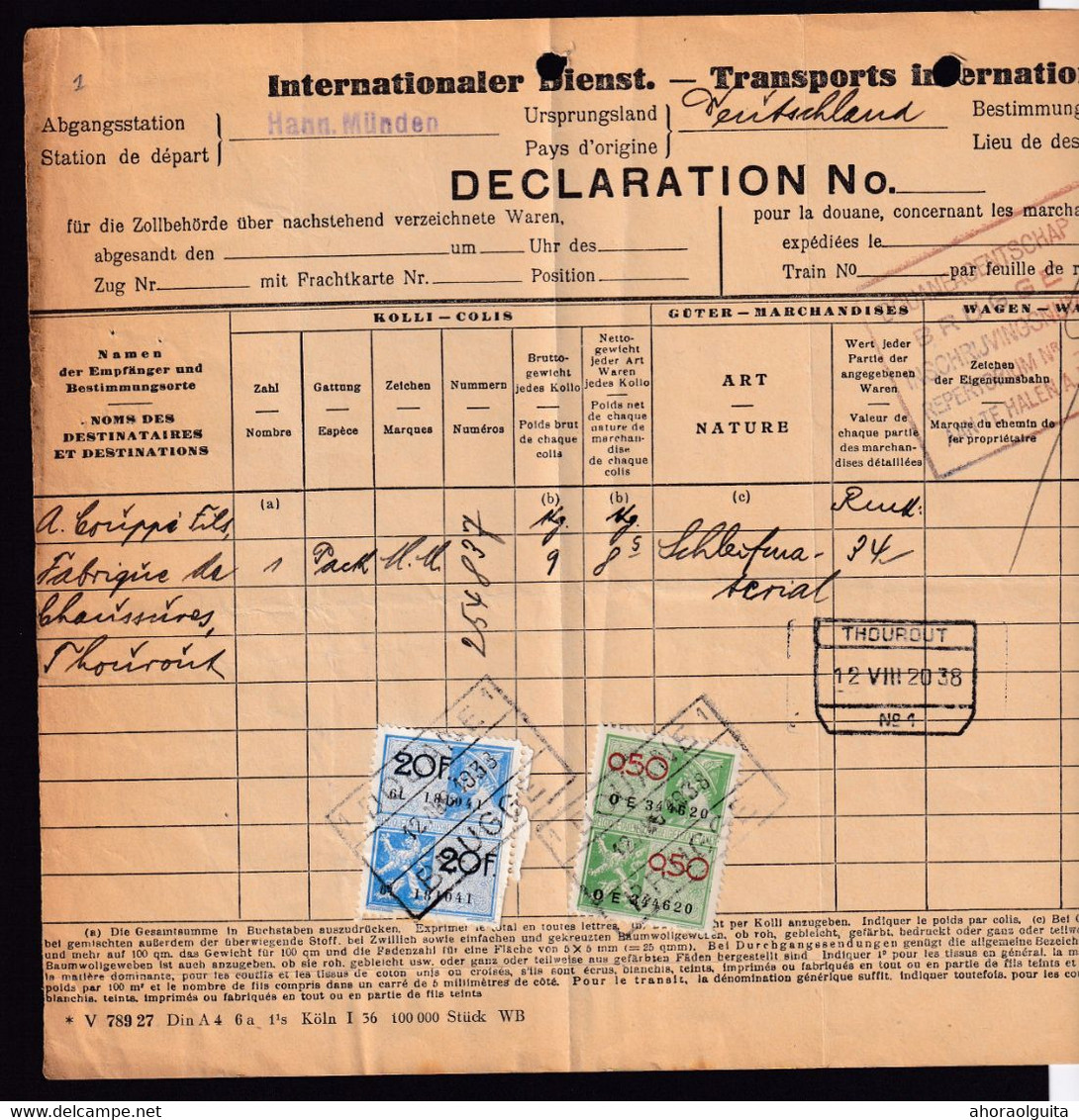 DDZ 287 -- Collection THOUROUT -  Document De Transport - 2 Cachets DOUANE BRUGGE S/Timbres Fiscaux , Gare TORHOUT 1938 - Documenti