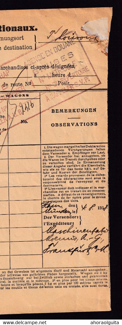 DDZ 287 -- Collection THOUROUT -  Document De Transport - 2 Cachets DOUANE BRUGGE S/Timbres Fiscaux , Gare TORHOUT 1938 - Dokumente