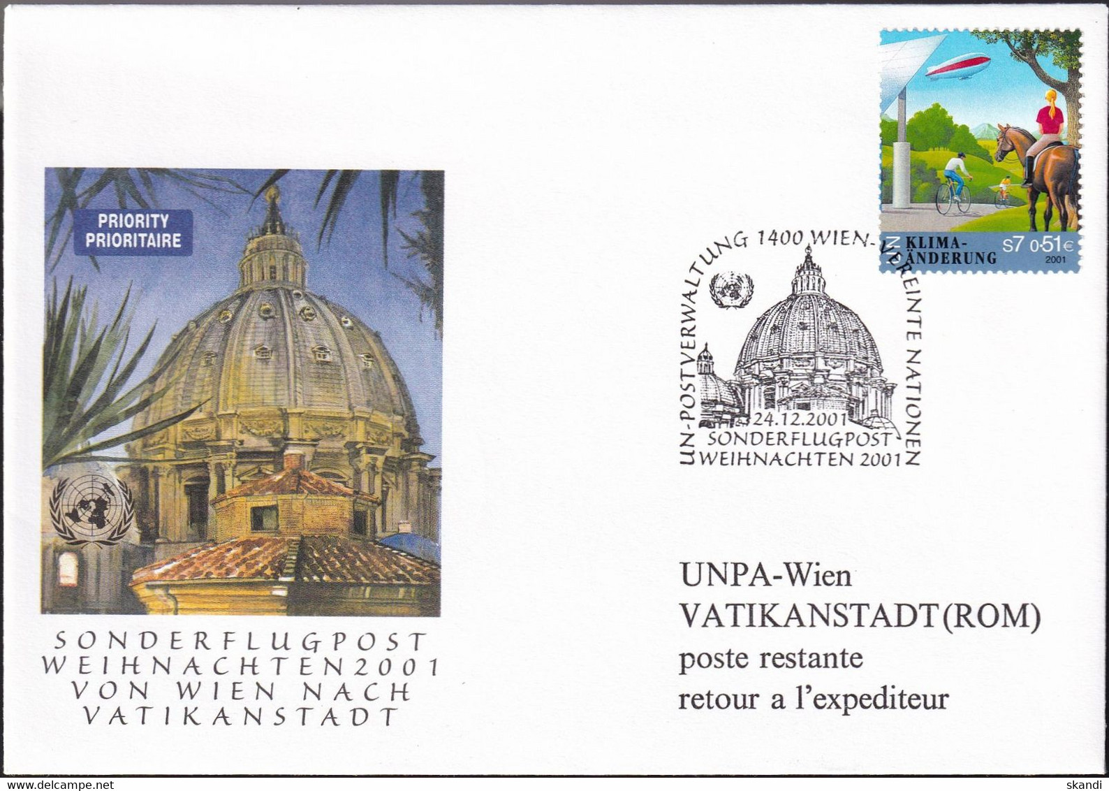 UNO WIEN 2001 Sonderflugpost Weihnachten 2001 Wien - Vatikanstadt Brief - Cartas & Documentos