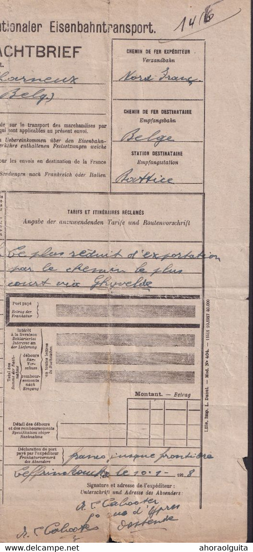 DDZ 288 --  Document De Transport Français - 2 Cachets DOUANE ADINKERKE S/Timbres Fiscaux , Gare Dito 1928 - Documents