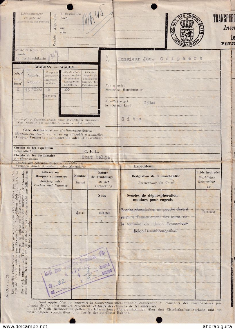 DDZ 289 --  Document De Transport Luxembourg - Cachets DOUANE ATHUS S/Timbres Fiscaux , Gare Dito 1953 - Documents