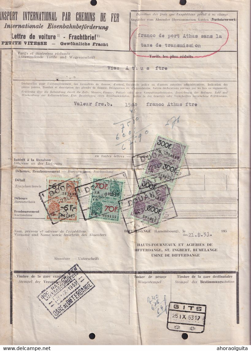DDZ 289 --  Document De Transport Luxembourg - Cachets DOUANE ATHUS S/Timbres Fiscaux , Gare Dito 1953 - Dokumente