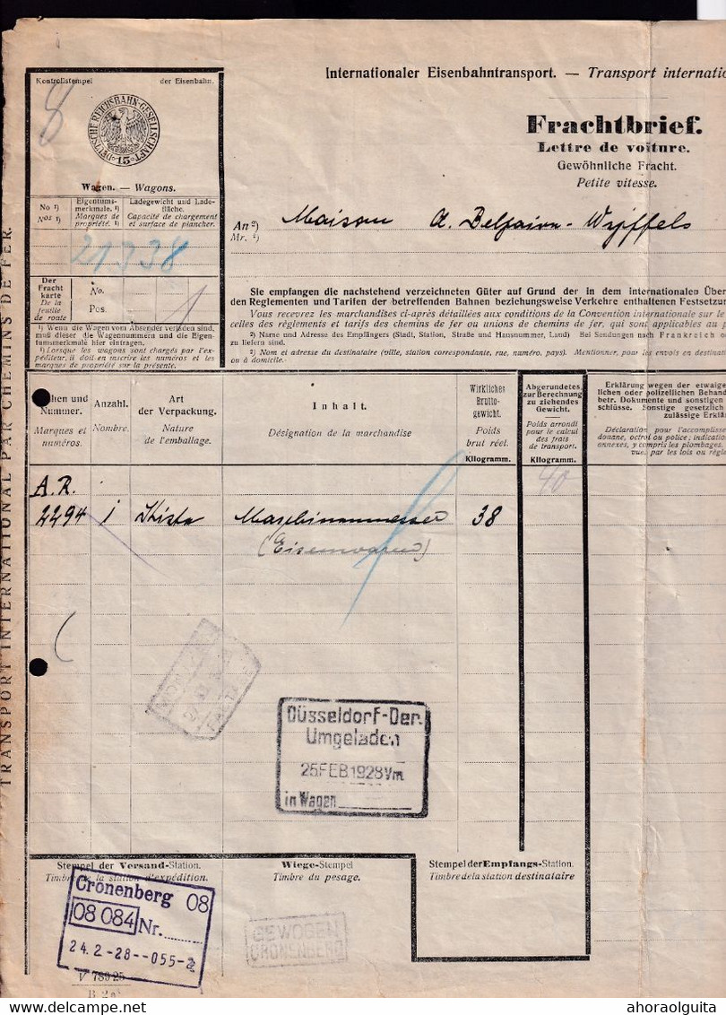 DDZ 290 --  CANTONS DE L'EST - Document De Transport Allemand - CRONENBERG 1928 Via MONTZEN Factage Vers ROESELARE - Otros & Sin Clasificación