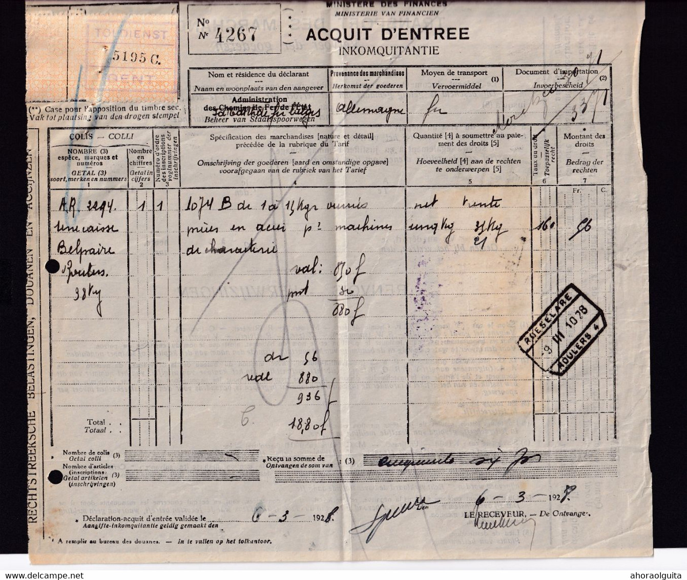 DDZ 291 - Document De Transport -  Cachets GAND DOUANE 1928 S/Timbres Fiscaux , Gare De ROESELARE - Documenten