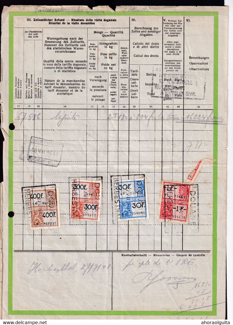 DDZ 292 - CANTONS DE L' EST - Document De Transport - Cachets DOUANE HERBESTHAL 1948 S/Timbres Fiscaux - Documentos