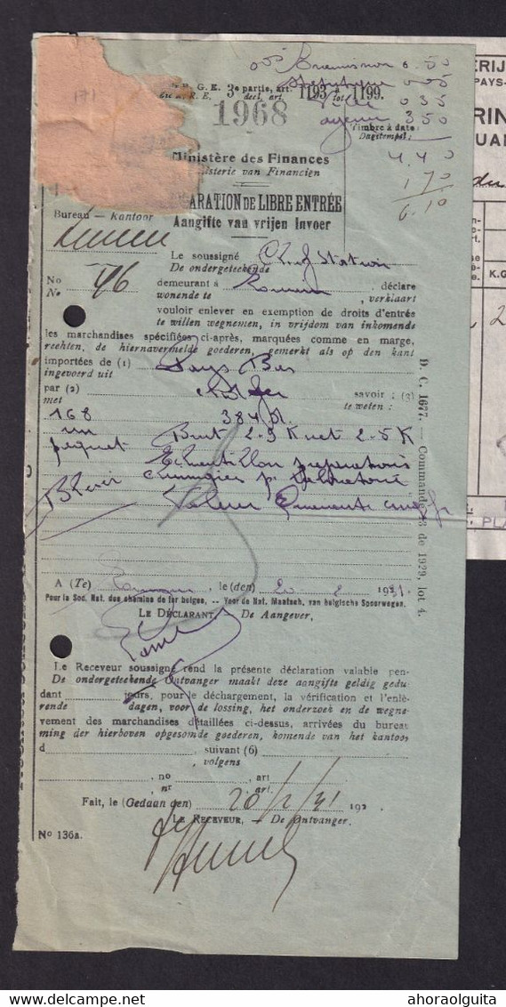 DDZ 295 - Déclaration En Douane - Cachet LOUVAIN DOUANE 1931 S/Timbre Fiscal - Documenti