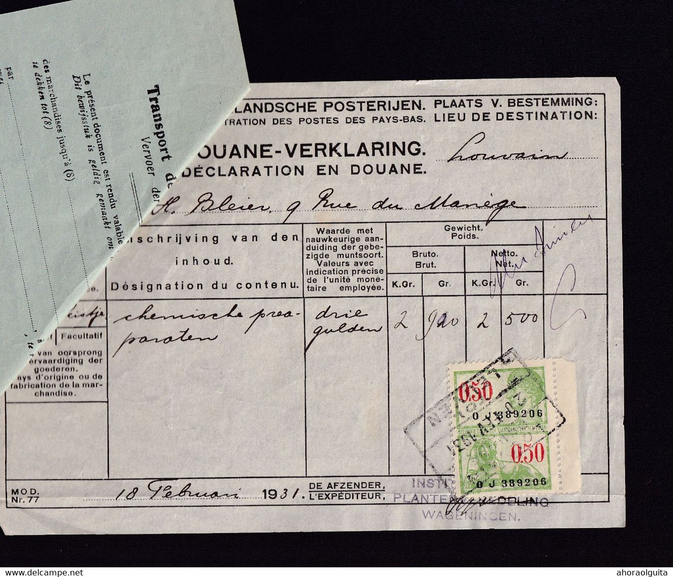 DDZ 295 - Déclaration En Douane - Cachet LOUVAIN DOUANE 1931 S/Timbre Fiscal - Dokumente