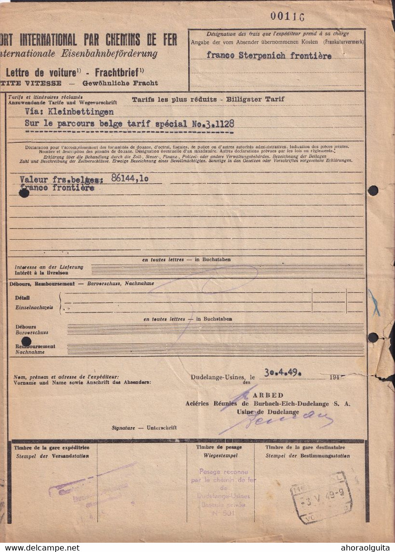 DDZ 297 - Document De Transport Luxembourg - Cachets DOUANE STOCKEM HEINSCH 1949 S/Timbres Fiscaux + Gare Dito - Documents
