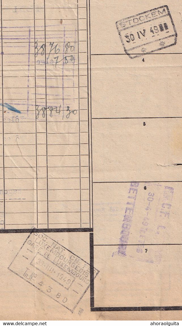 DDZ 297 - Document De Transport Luxembourg - Cachets DOUANE STOCKEM HEINSCH 1949 S/Timbres Fiscaux + Gare Dito - Documenti