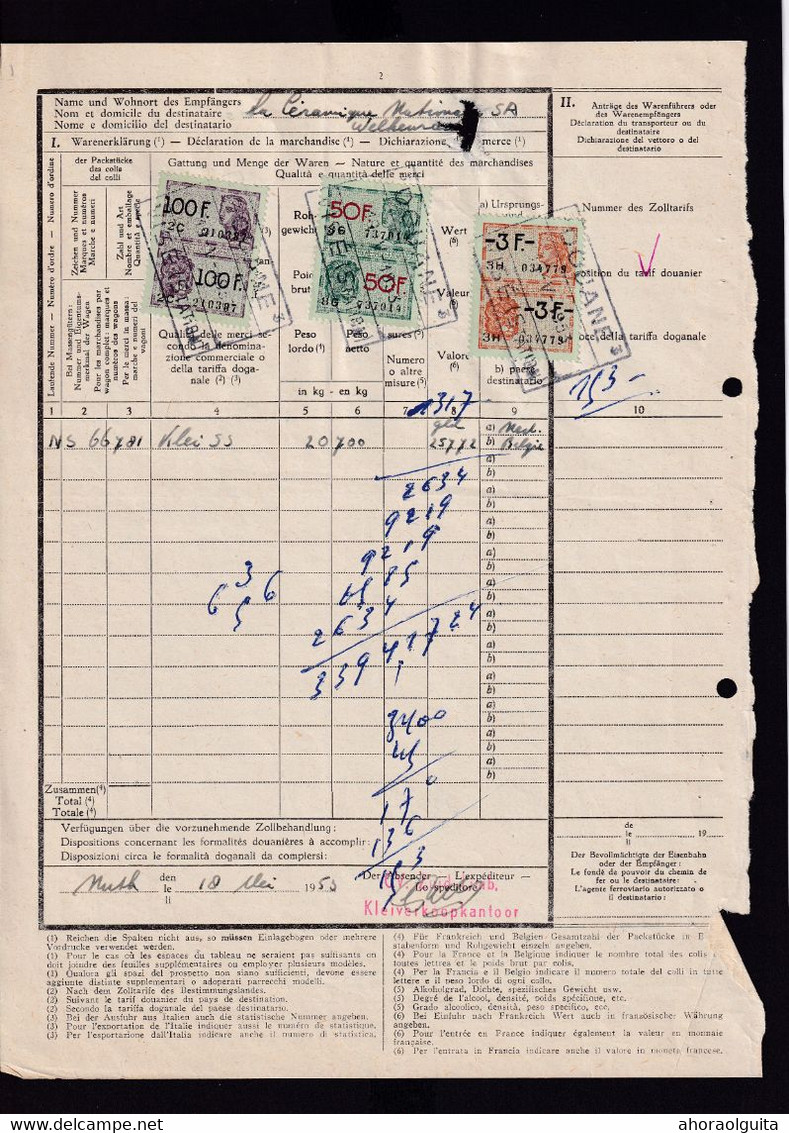 DDZ 299 - Déclaration En Douane - Cachets DOUANE VISE 1953 S/ Timbres Fiscaux Via HERBESTHAL Et MONTZEN Factage - Dokumente