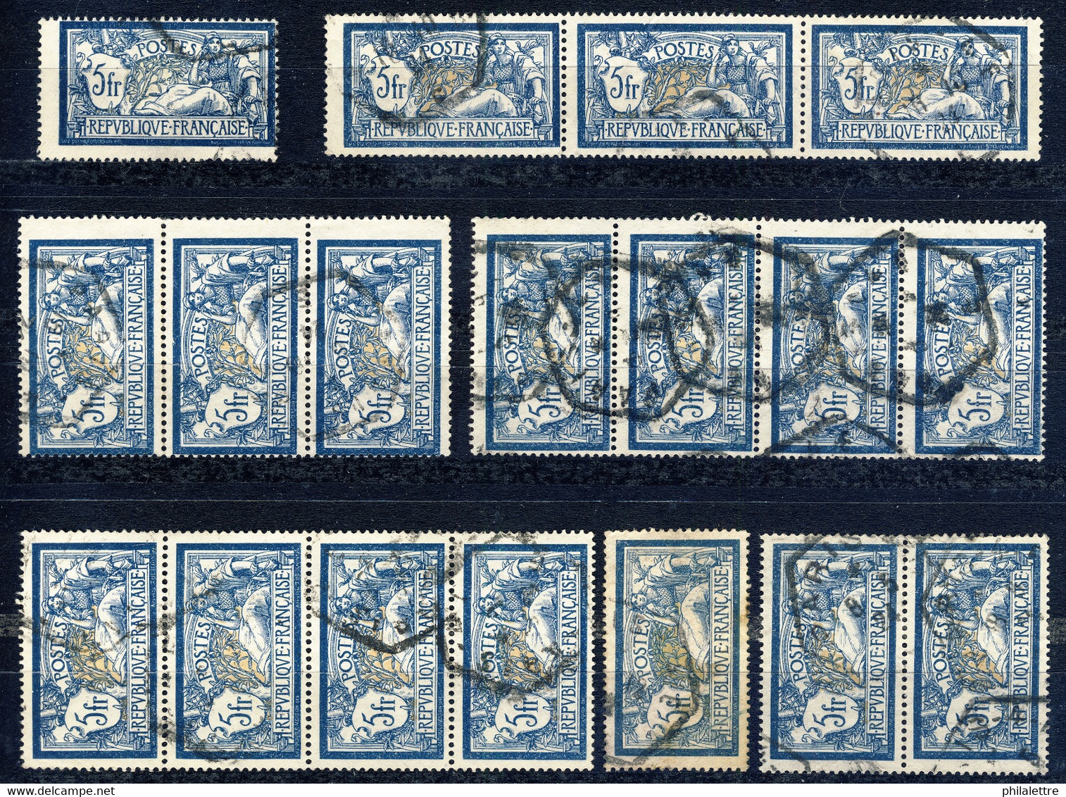 France - Yv.123 5fr Merson X18 (dt. Bandes De 3 & 4) - Oblitérés B/TB - 1900-27 Merson