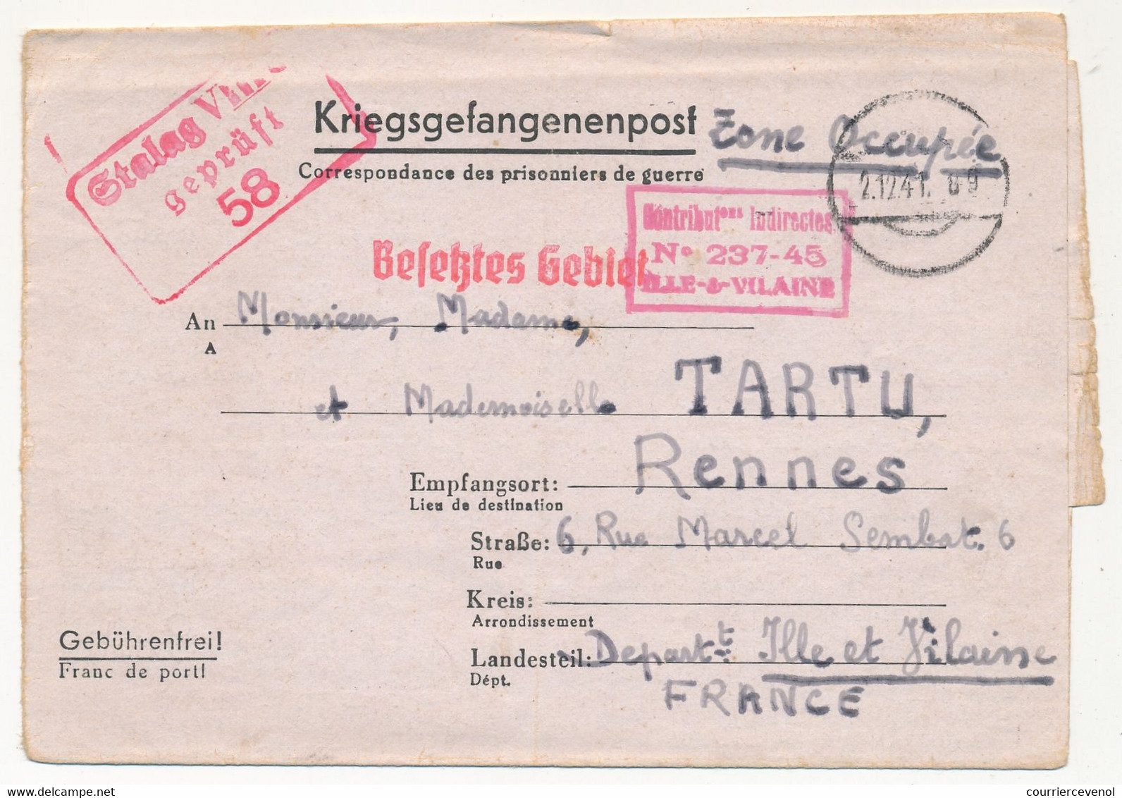 KRIEGSGEFANGENENPOST - Postkarte Depuis Le Stalag VIIIC - Censeur 58 - 1941 - Cachet De Buraliste Ille Et Vilaine - Guerre De 1939-45