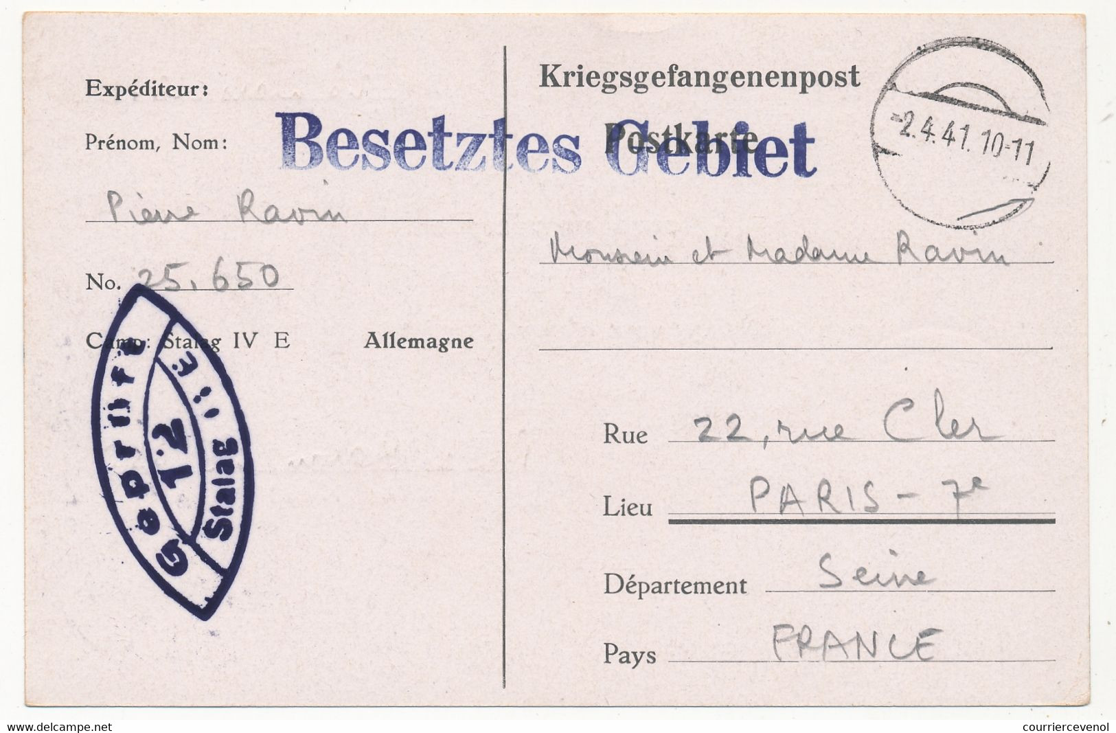 KRIEGSGEFANGENENPOST - Postkarte Depuis Le Stalag IV E - Censeur 12 - 1941 - Guerre De 1939-45