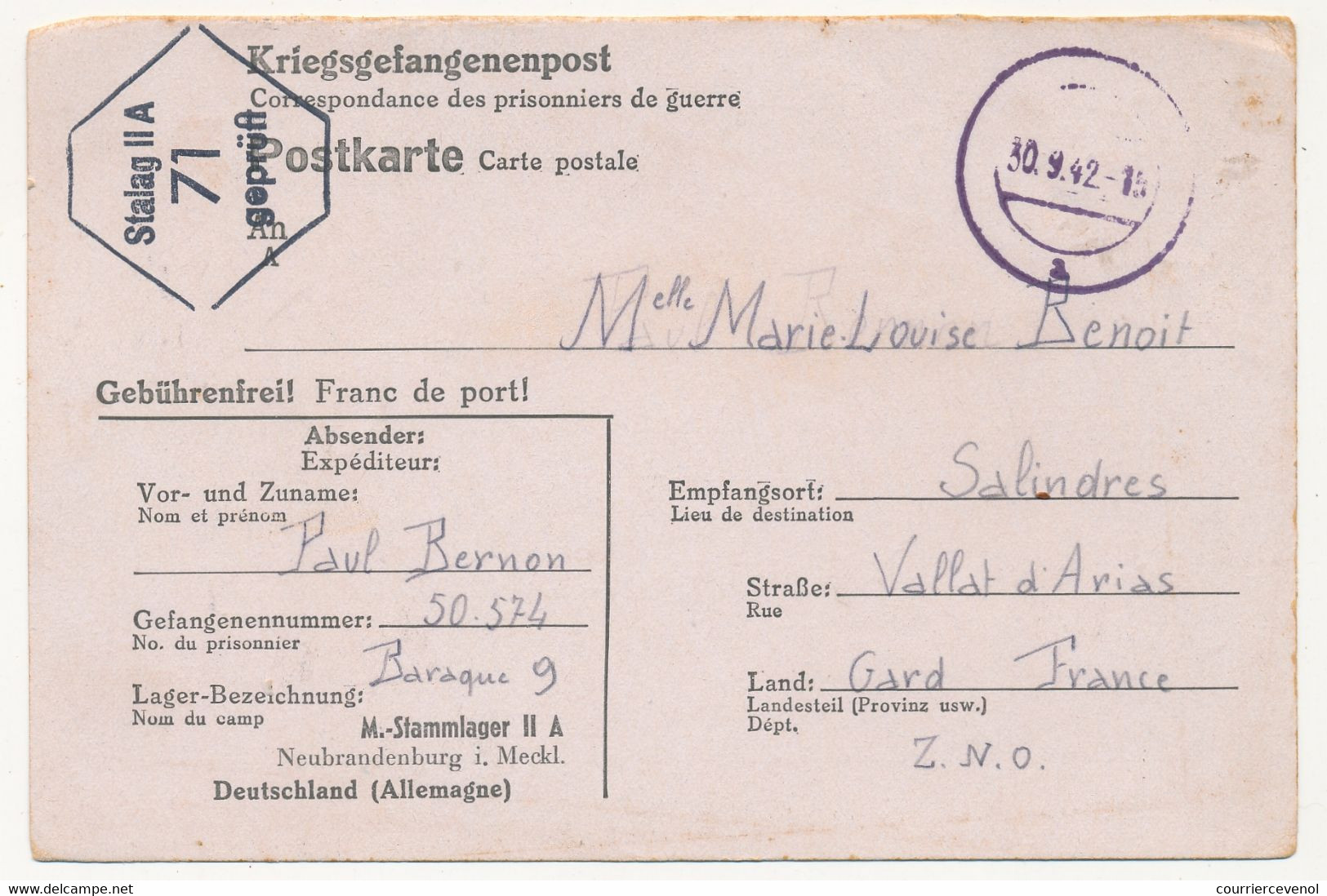 KRIEGSGEFANGENENPOST - Postkarte Depuis Le Stalag II A - Censeur 71 - 1942 - WW II