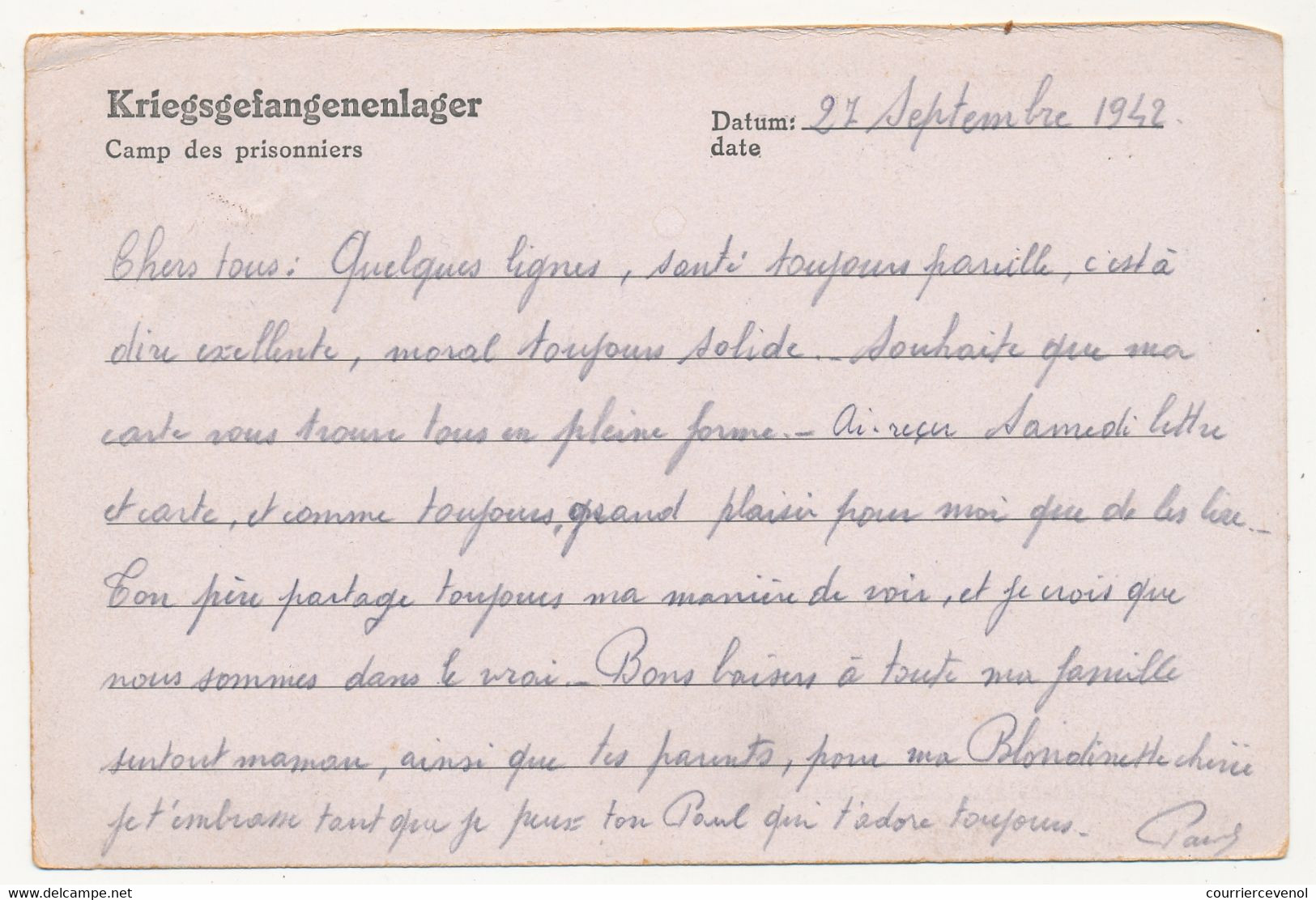 KRIEGSGEFANGENENPOST - Postkarte Depuis Le Stalag II A - Censeur 71 - 1942 - Guerre De 1939-45