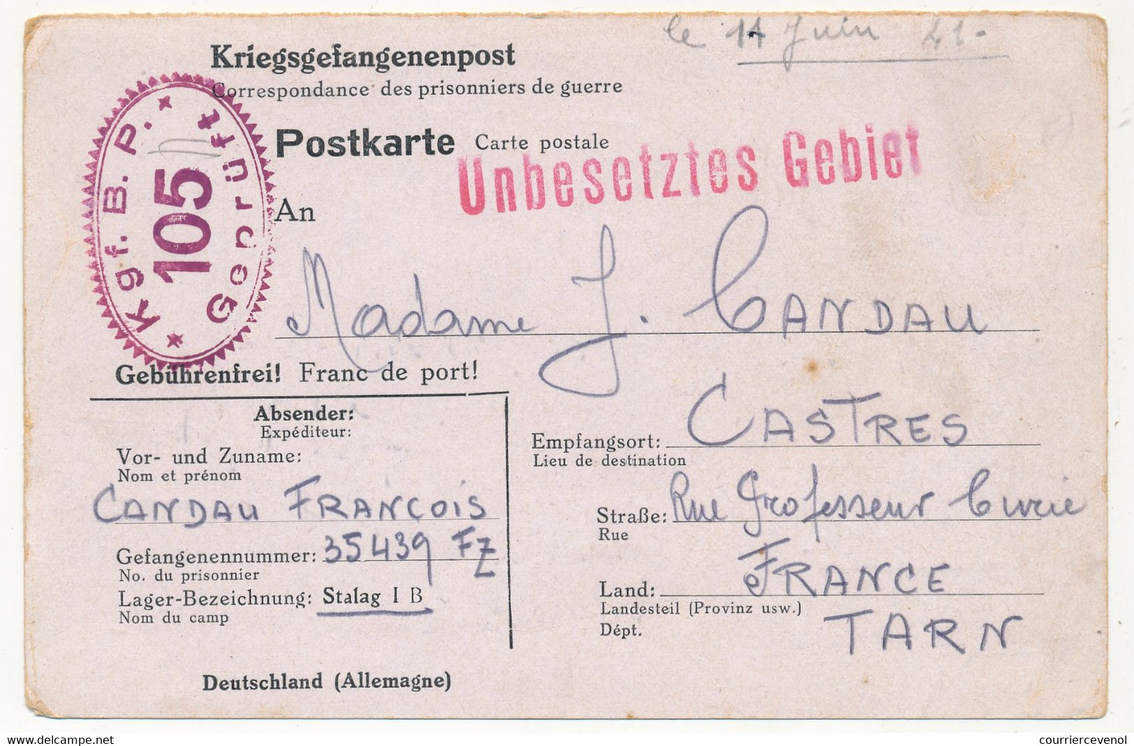 KRIEGSGEFANGENENPOST - Postkarte Depuis Le Stalag 1 B - Censeur 105 - 1941 - Guerre De 1939-45