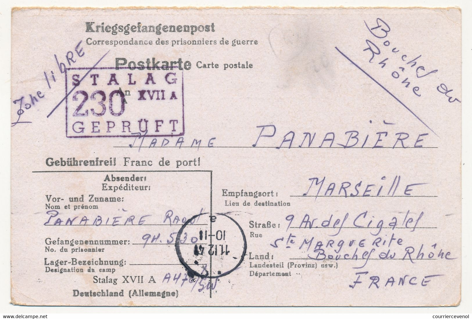 KRIEGSGEFANGENENPOST - Postkarte Depuis Le Stalag XVII A - Censeur 230 - 1941 - Guerre De 1939-45