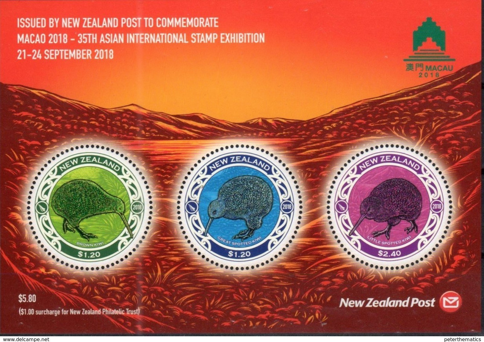 NEW ZEALAND, 2018, MNH,  MACAO EXHIBITION, BIRDS, KIWI, ROUND KIWI , SHEETLET - Kiwis