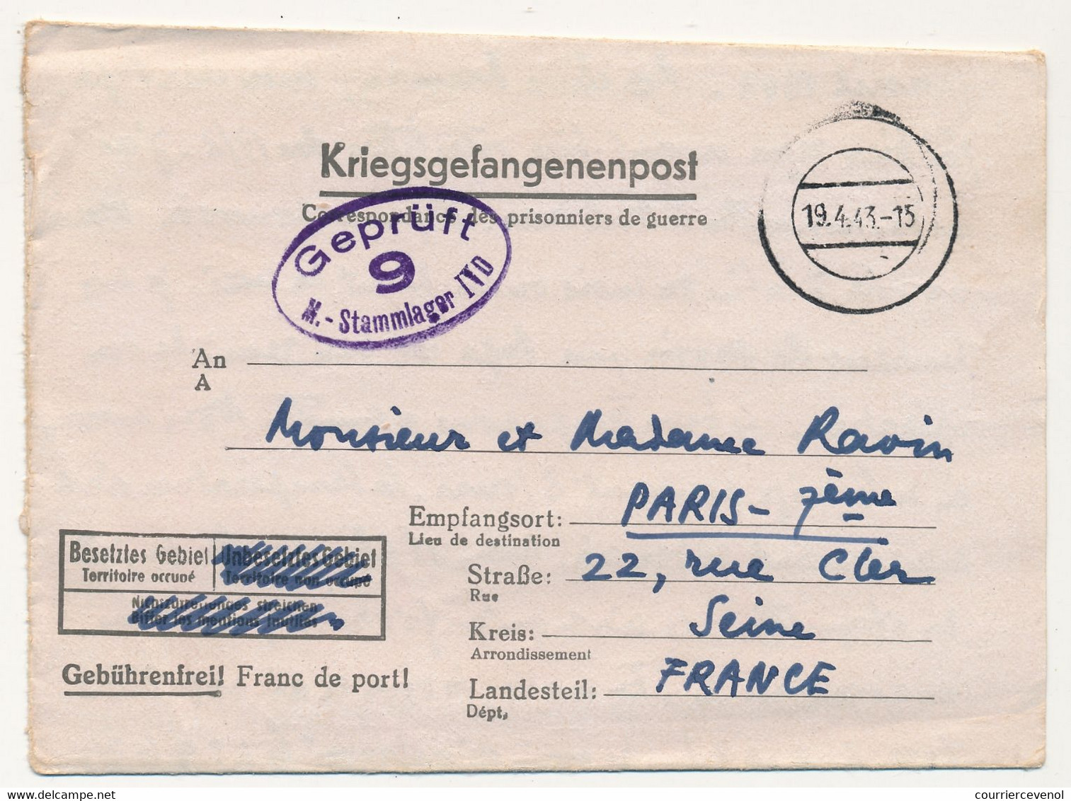 KRIEGSGEFANGENENPOST - Correspondance De P.G. Depuis Le Stalag IV D - Censeur 9 - 1943 - Guerre De 1939-45