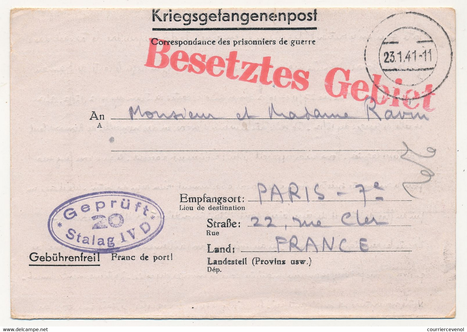 KRIEGSGEFANGENENPOST - Correspondance De P.G. Depuis Le Stalag IV D - Censeur 20 - 1941 - Guerre De 1939-45
