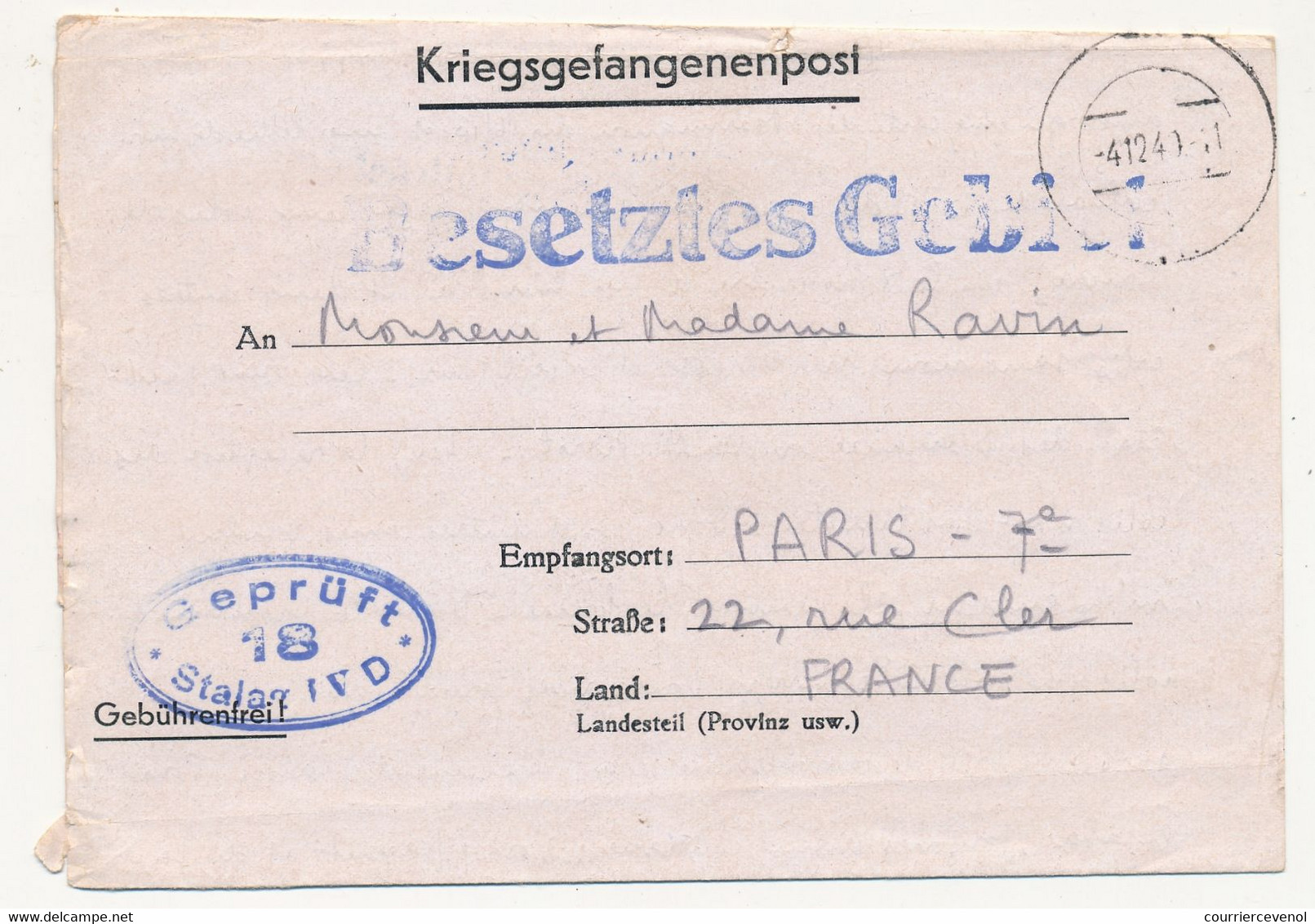 KRIEGSGEFANGENENPOST - Correspondance P.G Stalag IV D - Censeur 18 - 1941 - Griffe Violette  "Pas De Longues Lettres ... - WW II