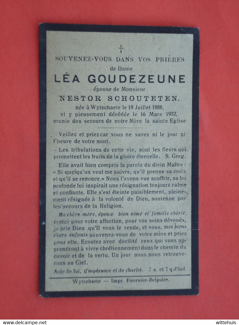 Léa Goudezeune - Schouteten Geboren Te Wytschaete - Wijtschate 1888 Overleden  1932  (2scans) - Religion & Esotericism