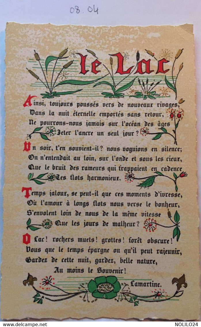 Carte Fiche Style Parchemin, Poème Le Lac , Lamartine, Illustrations Roseaux Nénuphar... - Filosofia & Pensatori