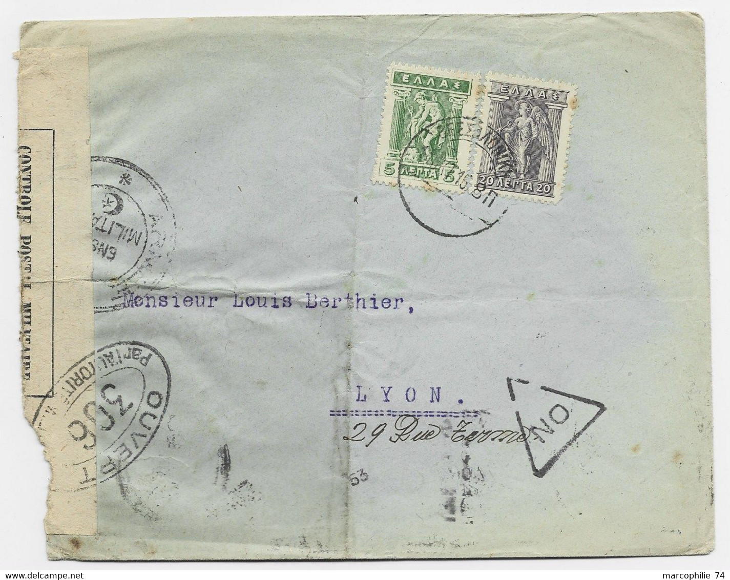 GRECE 5A+20A LETTRE COVER MAL OUVERTE 1916 TO FRANCE + CENSURE ARMEE + CENSURE 306 - Brieven En Documenten