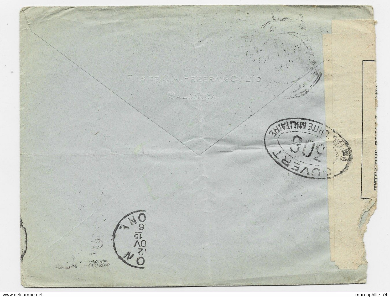 GRECE 5A+20A LETTRE COVER MAL OUVERTE 1916 TO FRANCE + CENSURE ARMEE + CENSURE 306 - Brieven En Documenten