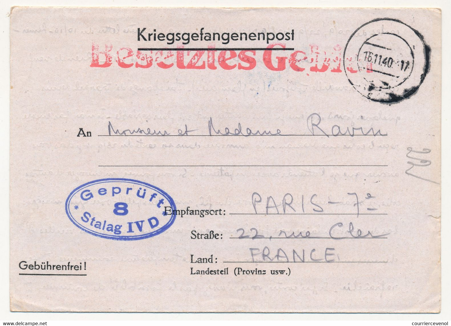 KRIEGSGEFANGENENPOST - Correspondance P.G Stalag IV D - Censeur 8 - 1940 - Griffe Violette  "Pas De Longues Lettres ... - Guerre De 1939-45