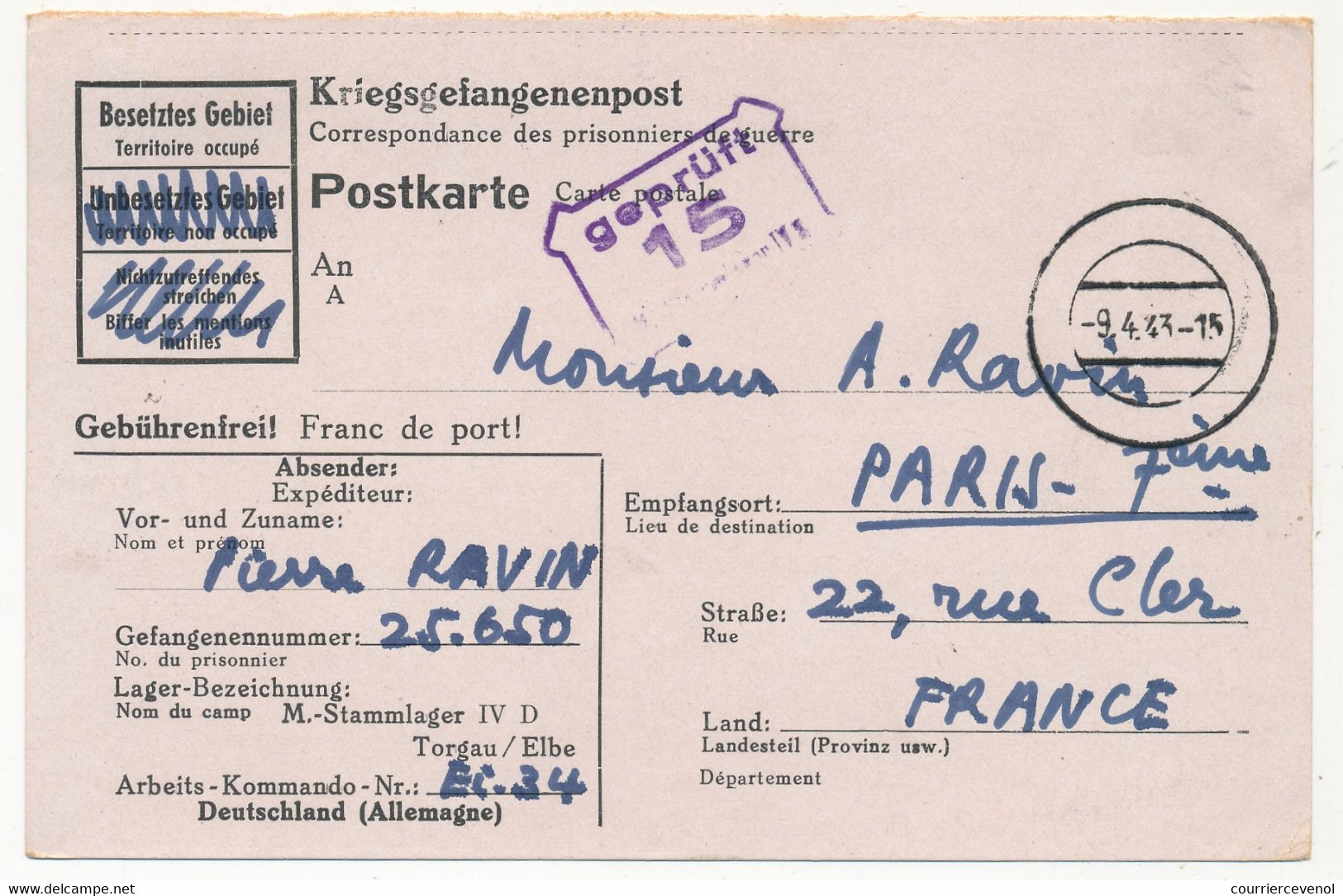 KRIEGSGEFANGENENPOST - Postkarte Depuis Stalag IV D - Censeur 15 - 1943 - WW II