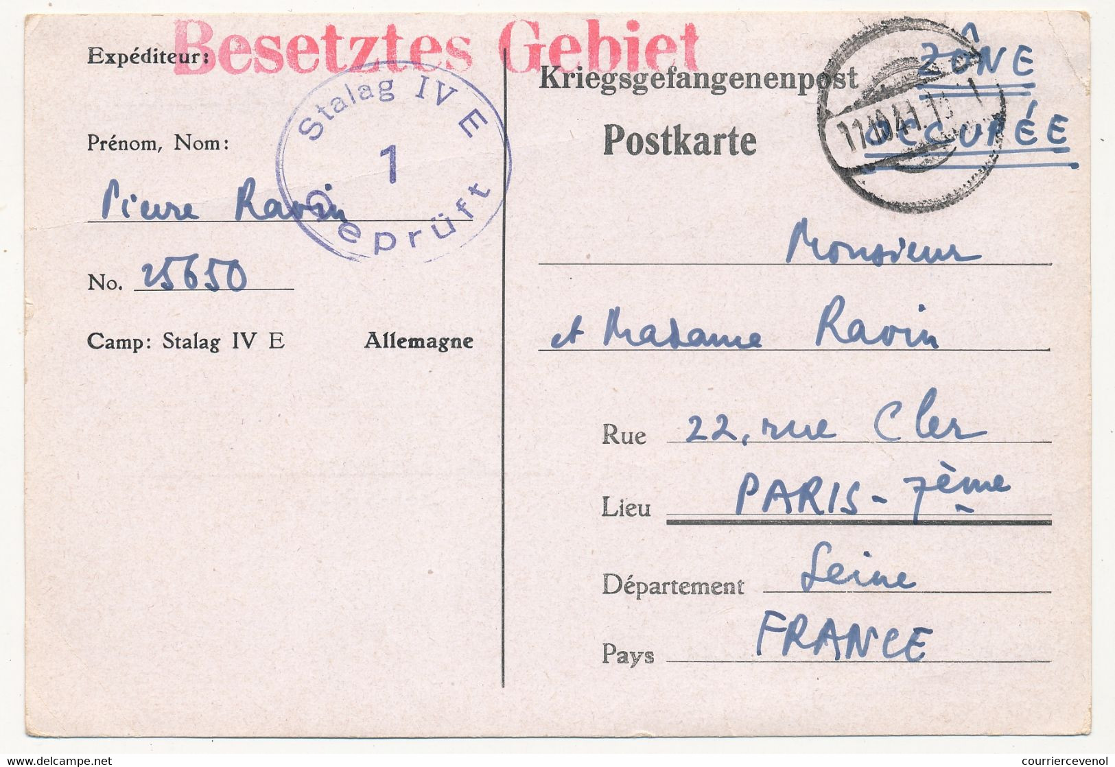 KRIEGSGEFANGENENPOST - Postkarte Accusé Réception De Colis - Stalag IV E - Censeur 1 - 1941 - WW II