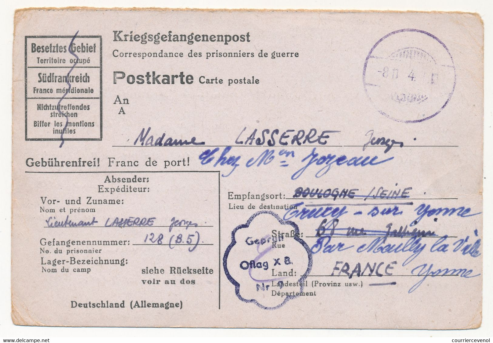 KRIEGSGEFANGENENPOST - Postkarte Depuis L'Oflag X B - Censeur 9 - 1944 - Guerre De 1939-45