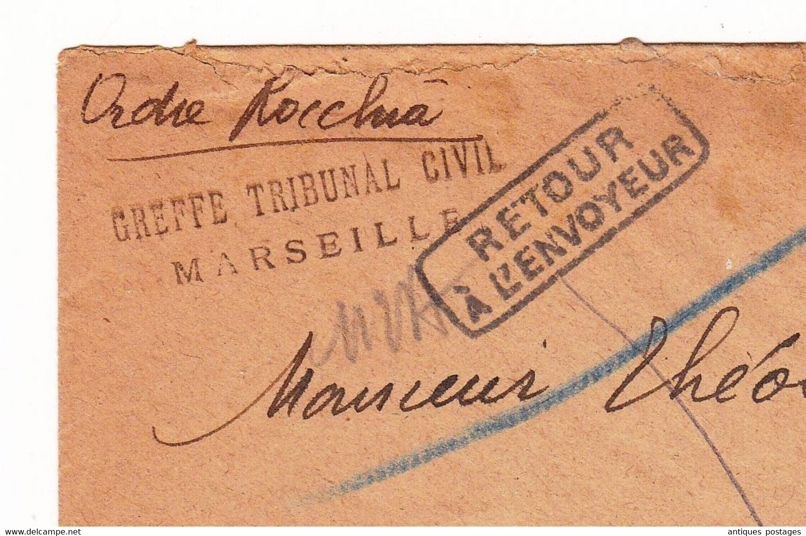 Lettre Recommandée 1944 Pétain 4F50 Greffe Tribunal Civil Marseille Saint Ferréol Bouches Du Rhône Retour à L'Envoyeur - 1941-42 Pétain