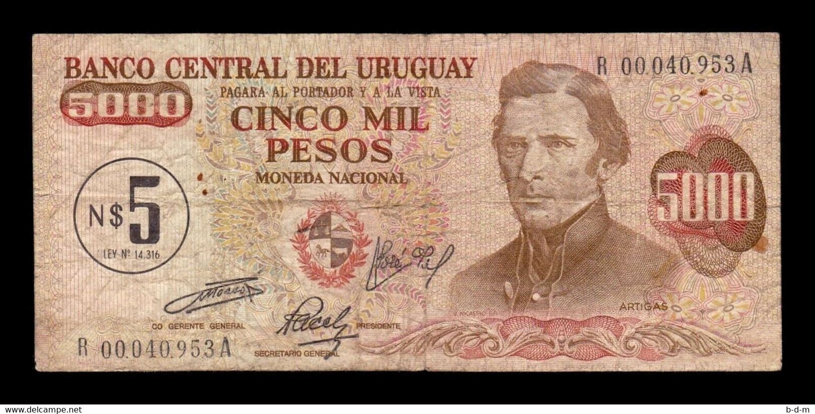 Uruguay 5 Nuevos Pesos On 5000 Pesos 1975 Pick 57r Replacement BC F - Uruguay