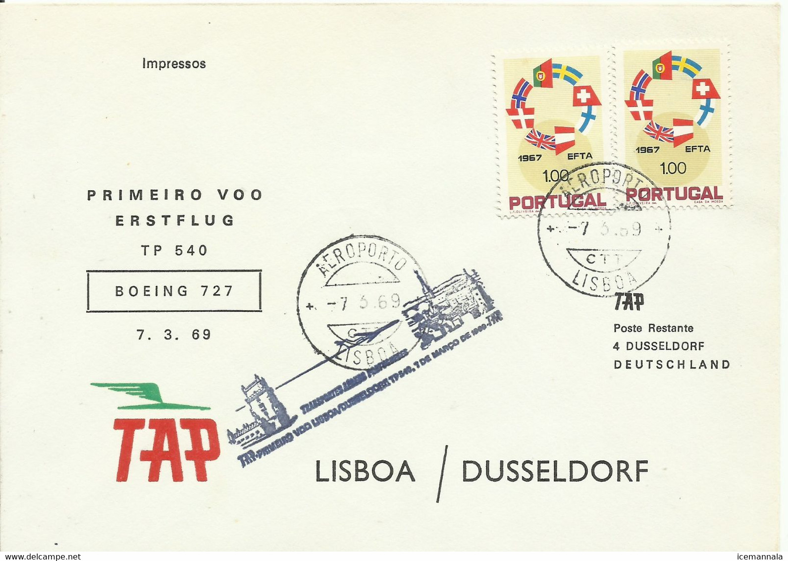 PORTUGAL,  SOBRE CONMEMORATIVO   TAP,  AÑO  1969 - Covers & Documents