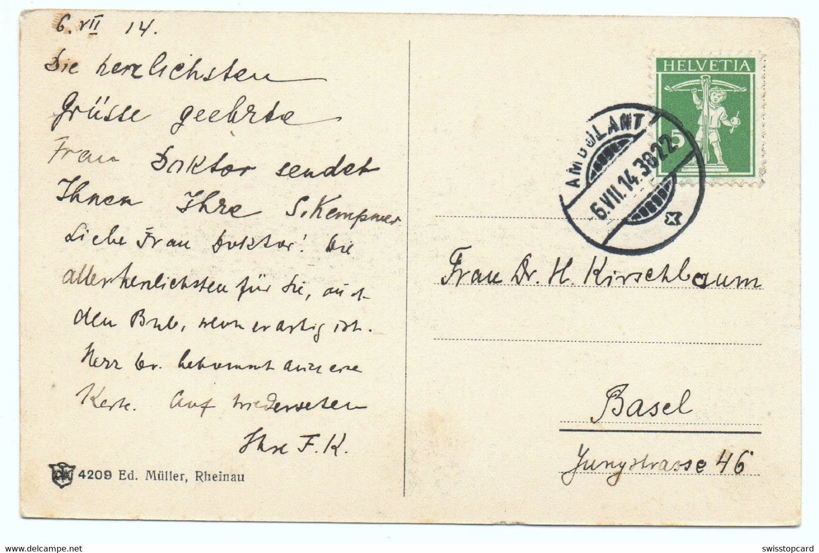 Gruss Aus RHEINAU Ed. Müller Rheinau Gel. 1914 Ambulant N. Basel - Rheinau