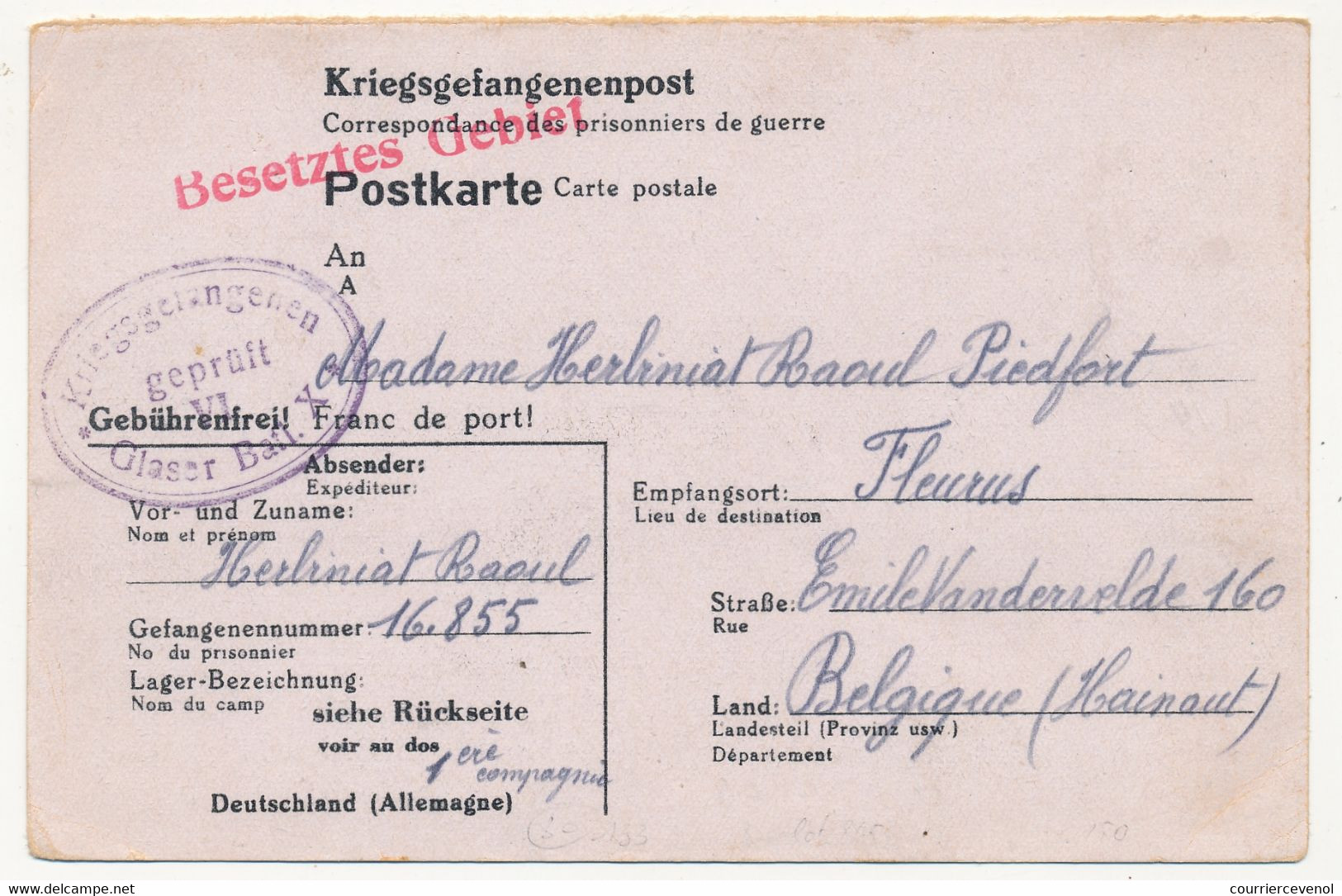 BELGIQUE - Carte Postale PG Belge - Cachet "Glaser-Batl X" 1943 (Bataillon De Vitriers) - Guerre 40-45 (Lettres & Documents)