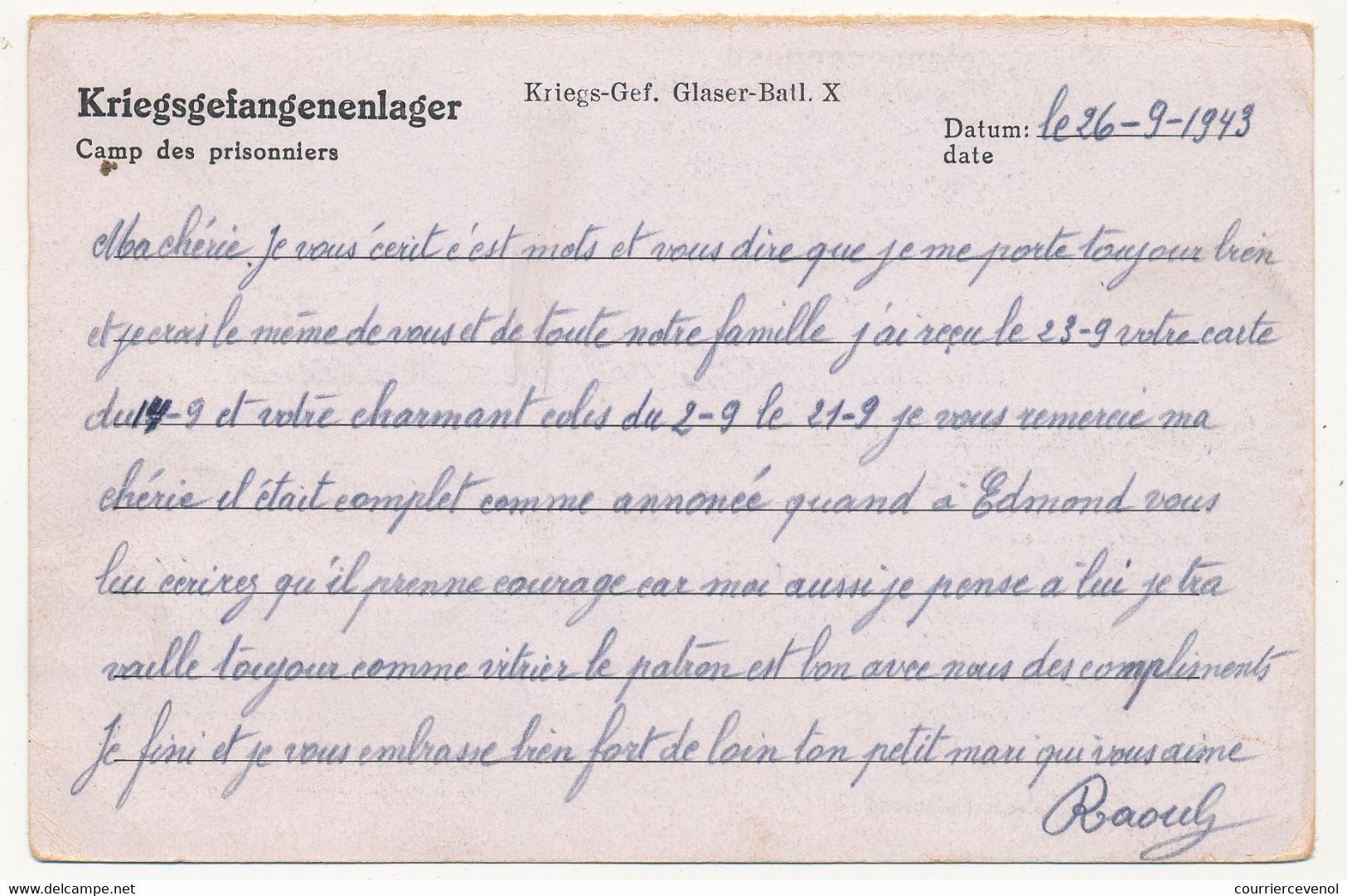 BELGIQUE - Carte Postale PG Belge - Cachet "Glaser-Batl X" 1943 (Bataillon De Vitriers) - Guerra 40 – 45 (Cartas & Documentos)