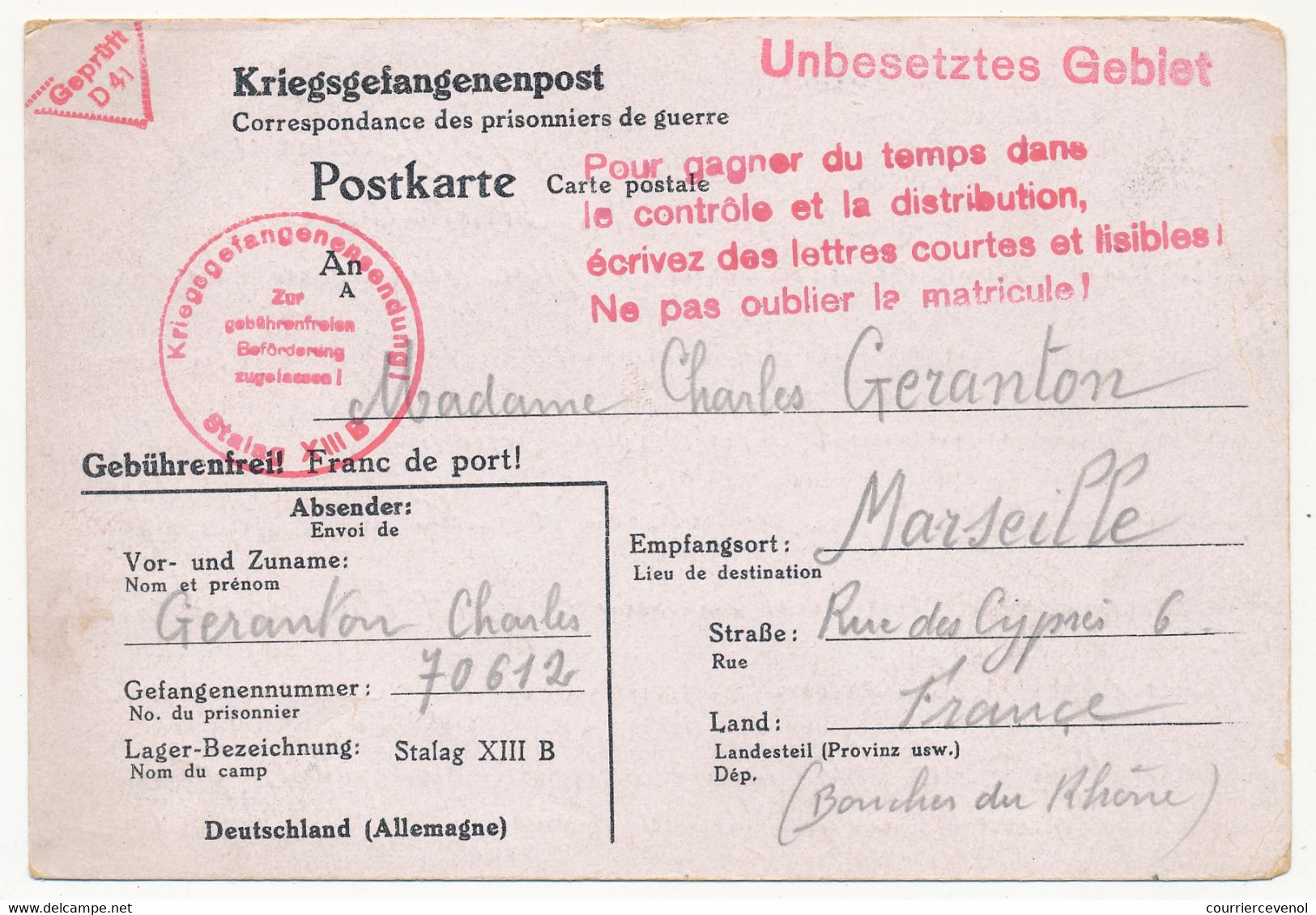 KRIEGSGEFANGENENPOST - Postkarte Depuis Stalag XIII B - Censeur D 41 - 1940 - Griffe Rouge "pour Gagner Du Temps... - Guerre De 1939-45