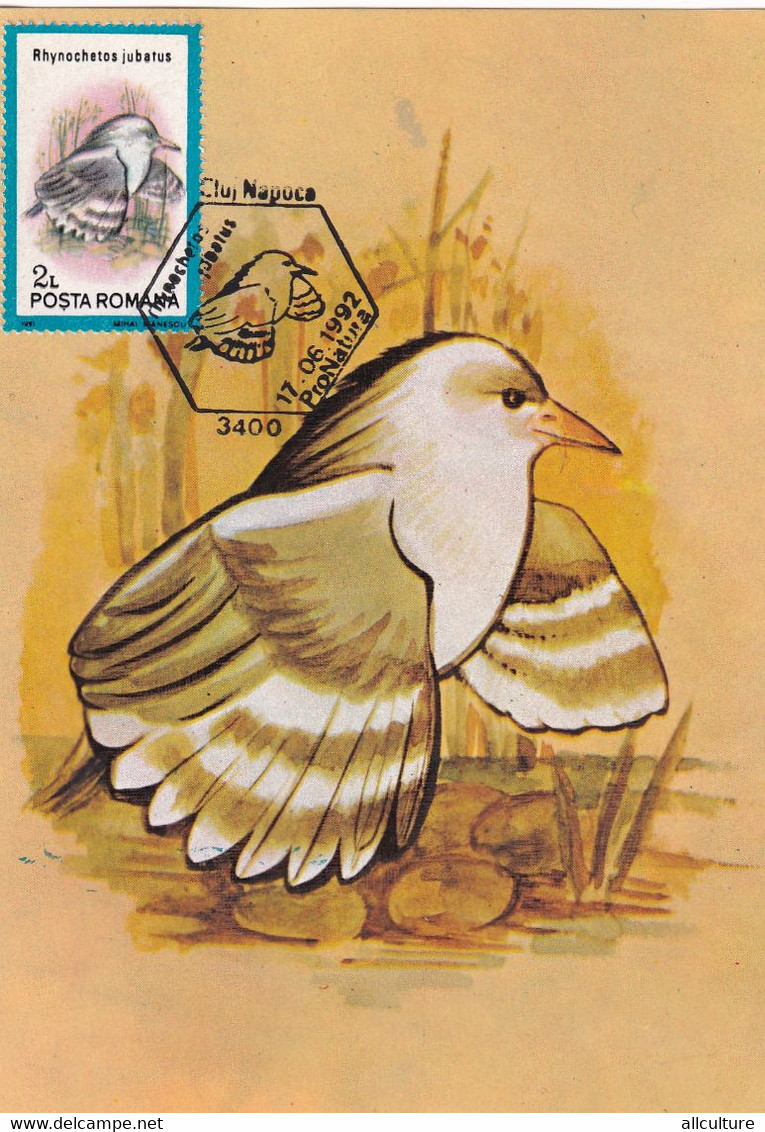 A9076- RHINOCHETOS JUBATUS KAGU BIRD PRONATURE CLUJ NAPOCA 1992 ROMANIA MAXIMUM CARD USED STAMP - Andere & Zonder Classificatie