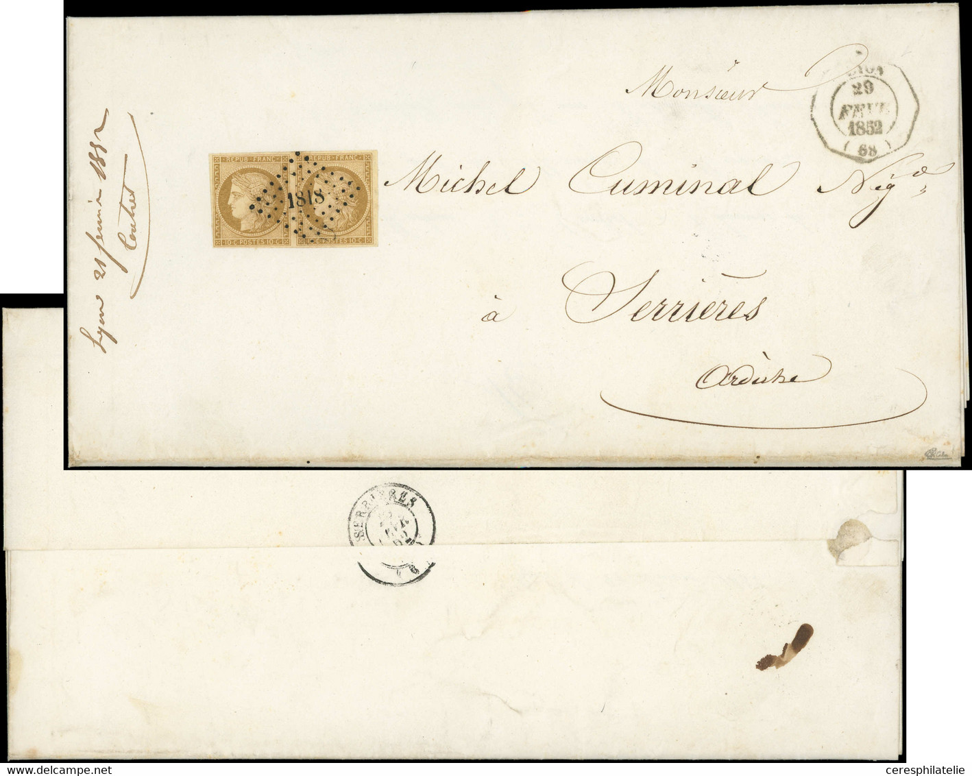 Let EMISSION DE 1849 - 1    10c. Bistre-jaune, PAIRE Obl. PC 1818 S. 2 Faire-part De Mariage, Càd Octog. D'ESSAI LYON 29 - 1849-1876: Classic Period