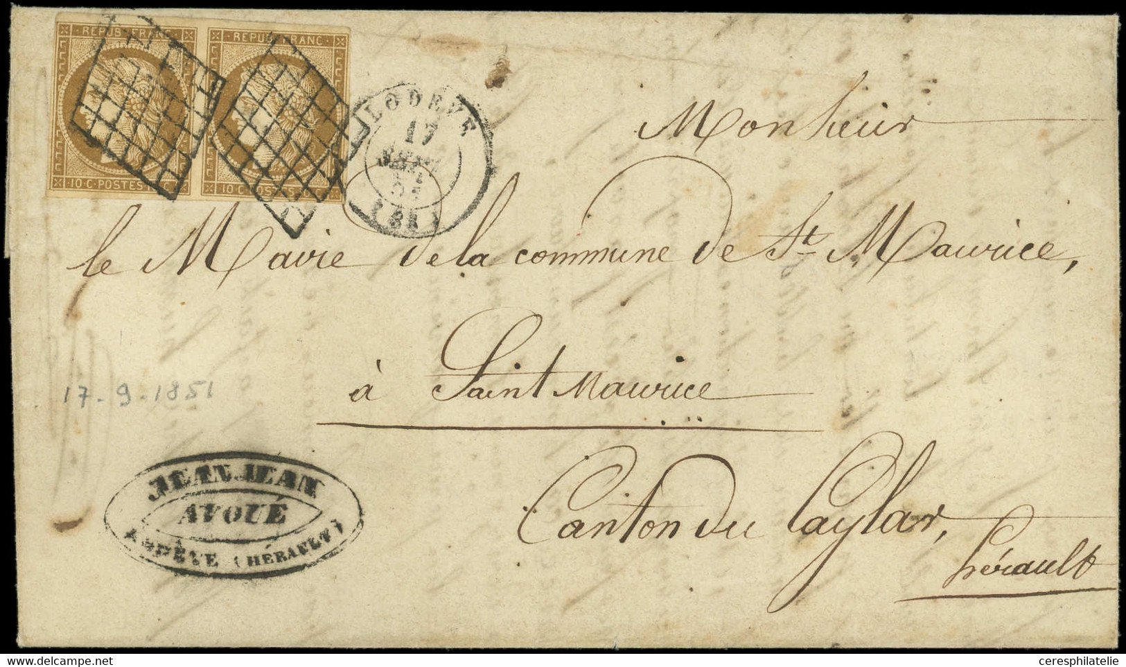 Let EMISSION DE 1849 - 1a   10c. Bistre-brun, PAIRE Obl. GRILLE S. LAC, Càd T15 LODEVE 17/9/51, TB - 1849-1876: Classic Period