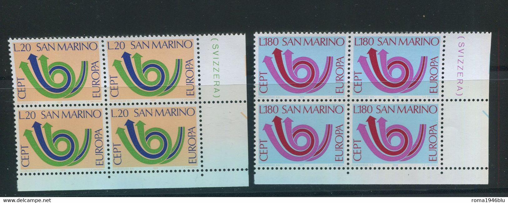 SAN MARINO 1973 EUROPA 2 V.  IN QUARTINE ANGOLO DI FOGLIO ** MNH - Luftpost