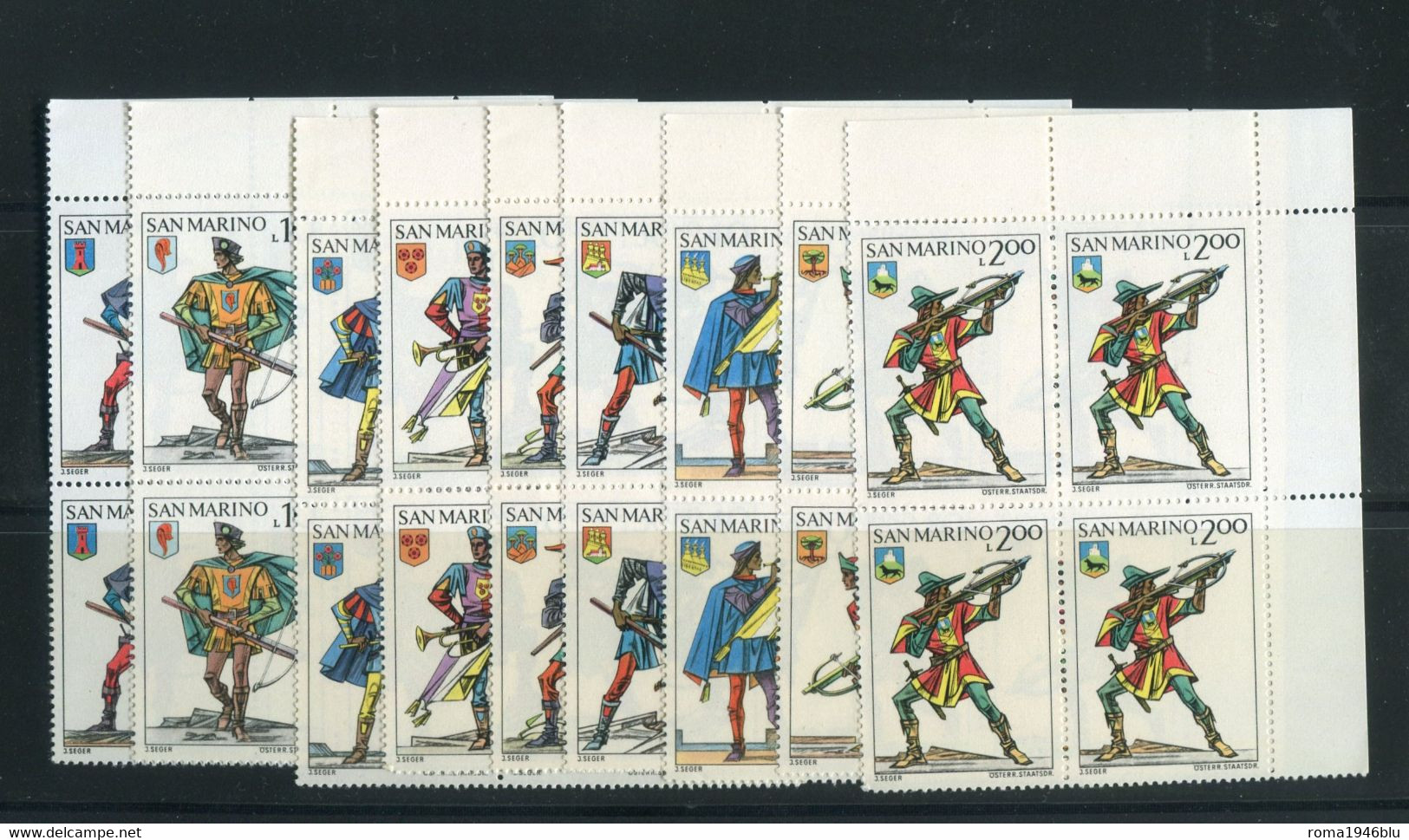 SAN MARINO 1973 BALESTRIERI 9 V.  IN QUARTINE ANGOLO DI FOGLIO ** MNH - Luftpost