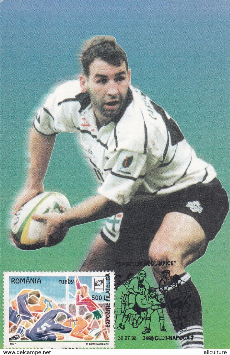 A9124- RUBGY SPORT PLAYER MAXIMUM CARD 1997, CLUJ NAPOCA 1998 ROMANIA USED STAMP - Rugby
